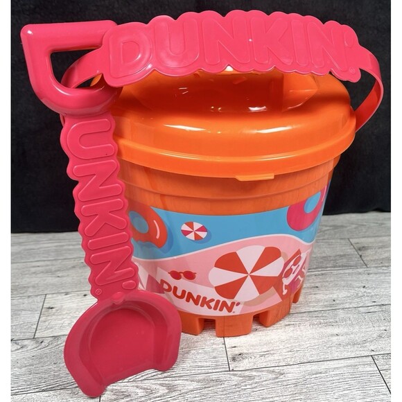 DUNKIN’ Limited Edition Summer Sand Bucket With Shovel And Lid 2025 Orange/Pink - Picture 2 of 8